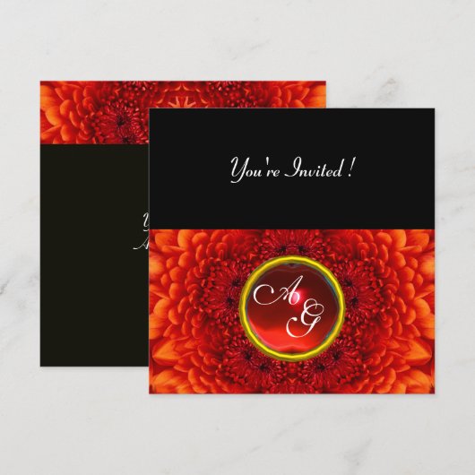 Invitation Dahlia rouge, monogramme RUBY, noir intense (Devant / Derrière)
