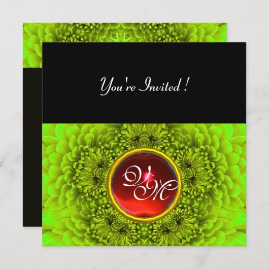 Invitation DAHLIA  VERT, RUBIS , vert brillant noir jaune rou (Devant / Derrière)