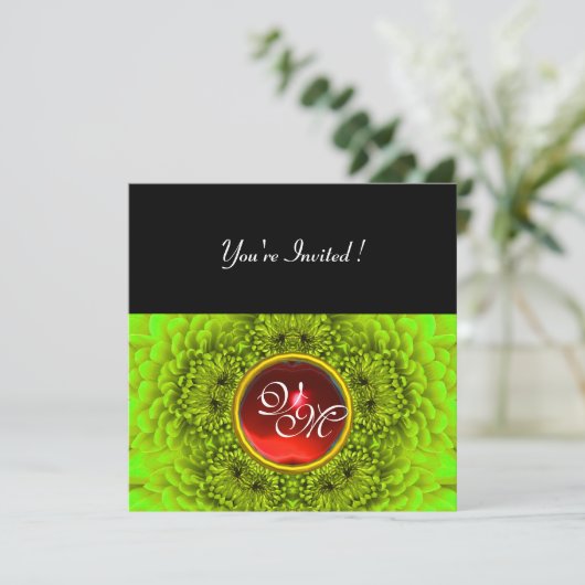 Invitation DAHLIA  VERT, RUBIS , vert brillant noir jaune rou (Debout devant)
