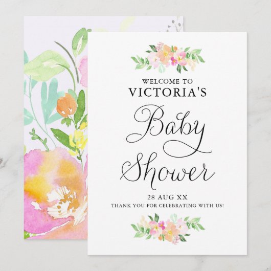 Invitation Dainty Aquarelle Florals Baby shower Affiche de bi (Devant / Derrière)