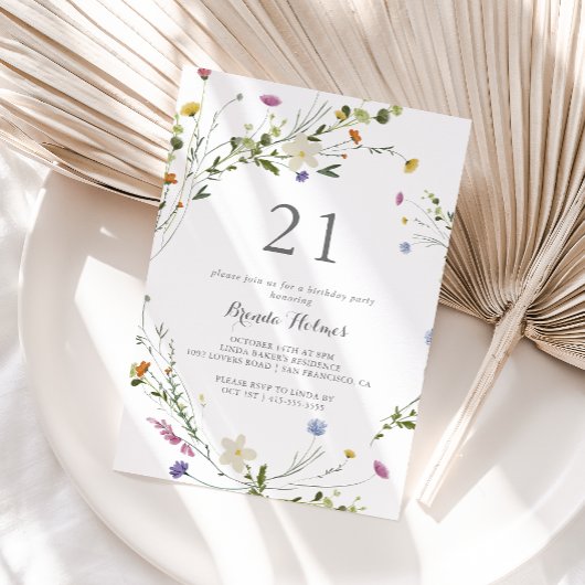 Invitation Dainty colorée Fleurs sauvages 21e fête d'annivers