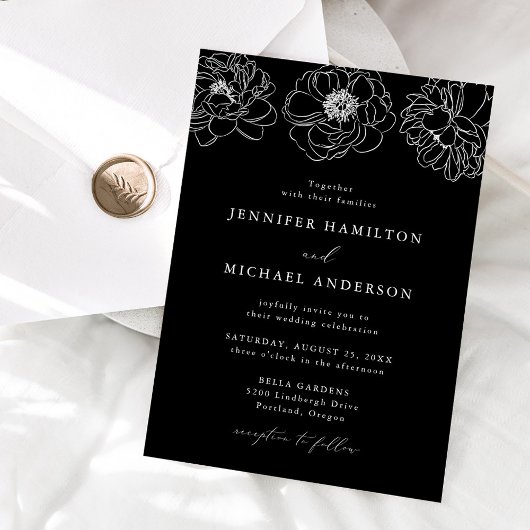 Invitation Dainty Floral noir et blanc Mariage