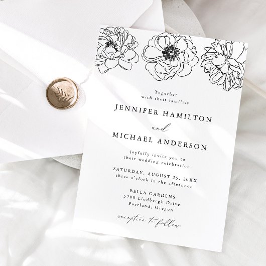 Invitation Dainty Floral noir et blanc Mariage