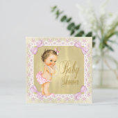 Invitation Dainty Pink Gold Foil Bow Lace Girl Baby shower (Debout devant)