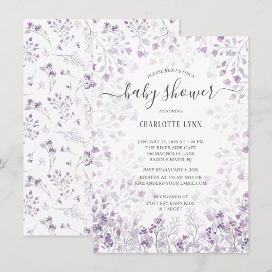 Invitation Dainty Purple Aquarelle Fleurs Filles Baby shower (Devant / Derrière)