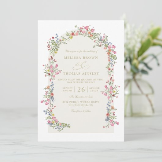Invitation Dainty romantic floral arch QR Code Wedding (Debout devant)