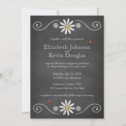 Invitation Daisers et Ladybugs Rustic Chalkboard Mariage (Devant)
