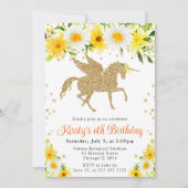 Invitation Daisers Jaune Floral Or Unicorne Anniversaire (Devant)