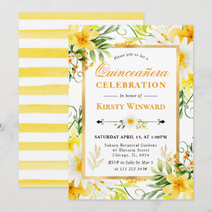Invitation Daisies Aquarelle & Fleurs Jaunes Quinceanera
