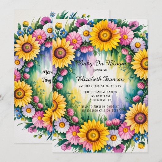 Invitation Daisies et Baby shower Fleur sauvage fille (Devant / Derrière)