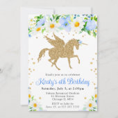 Invitation Daisies Fleurs Bleues Or Unicorne Anniversaire (Devant)