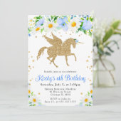 Invitation Daisies Fleurs Bleues Or Unicorne Anniversaire (Debout devant)