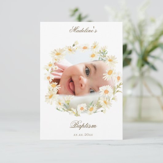Invitation daisies wreath Baptism small thank you card (Debout devant)