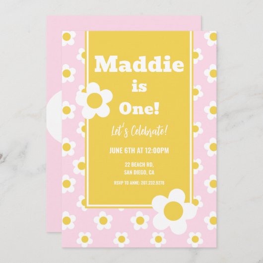 Invitation Daisy Anniversaire Fête Bohème Un 1er Anniversaire (Devant / Derrière)