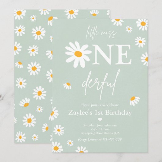 Invitation Daisy Anniversaire Fête Bohmian Little Miss Oneder (Devant / Derrière)