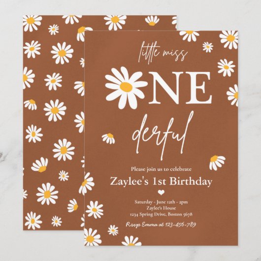 Invitation Daisy Anniversaire Fête Bohmian Little Miss Oneder (Devant / Derrière)