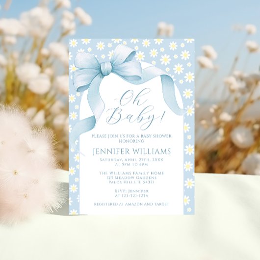 Invitation Daisy Blue Floral Bow Ribbon Baby Boy Douche garço