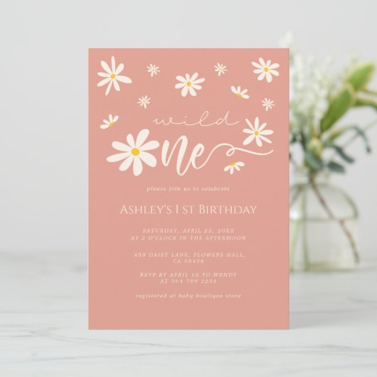 Invitation Daisy Boho Wild One 1er Anniversaire Peach (Debout devant)