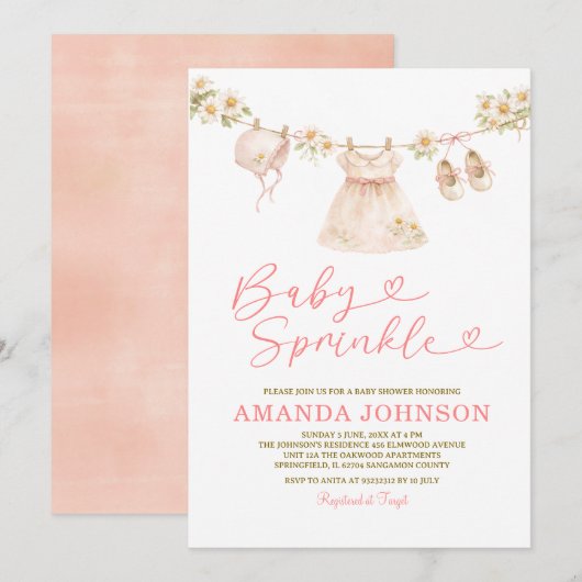 Invitation Daisy Clothesline Baby Sprinkle Girl Pink Peach (Devant / Derrière)