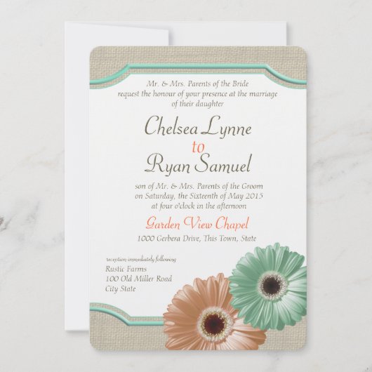 Invitation Daisy et Burlap Mint et Peach (Devant)