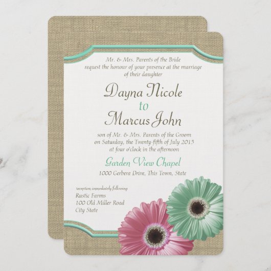 Invitation Daisy et Burlap Mint vert et rose (Devant / Derrière)