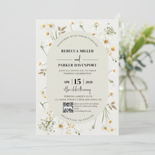 Invitation Daisy Fleur sauvage moderne Mariage code QR (Debout devant)