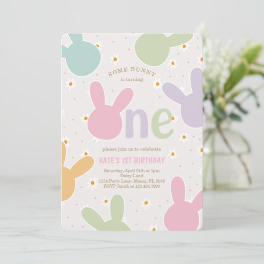 Invitation Daisy Floral Bunny 1er anniversaire (Debout devant)