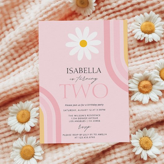 Invitation Daisy Floral Retro rose deux fête d'anniversaire