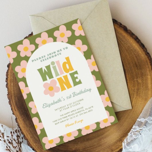Invitation Daisy Floral Wild One boho rose Fille 1er annivers