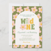 Invitation Daisy Floral Wild One Green rose Girl 1er annivers (Devant)
