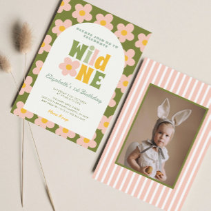 Invitation Daisy Floral Wild One Green rose Girl 1er annivers