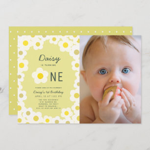 Invitation Daisy Floral Yellow Photo 1er Anniversaire Invitat