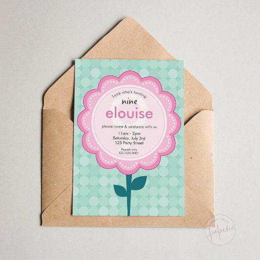 Invitation DAISY FLOWER modern vintage pretty birthday mint