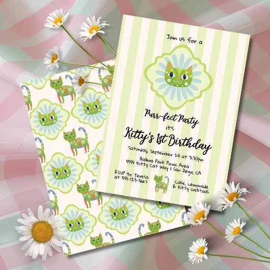Invitation Daisy Kitty Visage Purr-fect Anniversaire Fête Inv