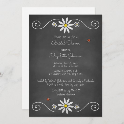 Invitation Daisy Ladybugs Rustic Chalkboard Fête des mariées (Devant / Derrière)