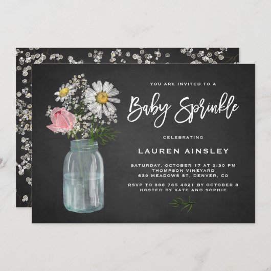 Invitation Daisy Mason Jar Chalkboard Rustic Baby Sprinking (Devant / Derrière)