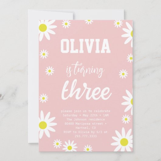 Invitation Daisy Neutre Genre 3e fête d'anniversaire Boho Bla (Devant)
