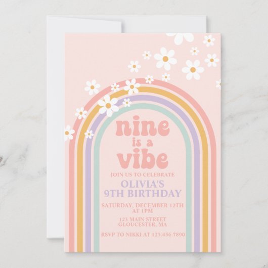 Invitation Daisy Nine est un Vibe Pastel arc-en-ciel 9e anniv (Devant)