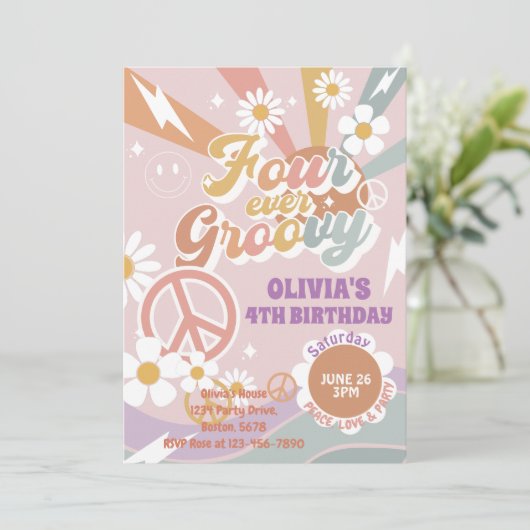 Invitation Daisy Peach Love Four Ever Super 4ème anniversaire (Debout devant)
