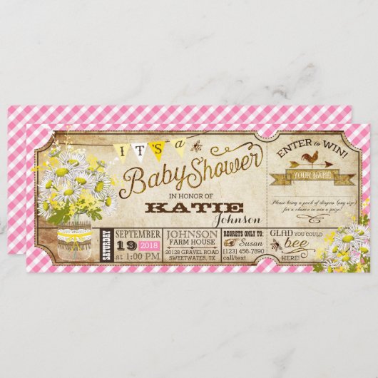 Invitation Daisy Picnic En vichy Check Baby shower (Devant / Derrière)