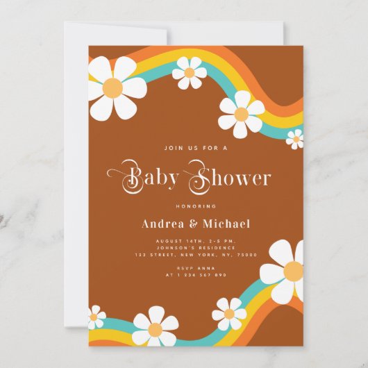 Invitation Daisy Rainbow Retro Typographie Hippie Baby shower (Devant)