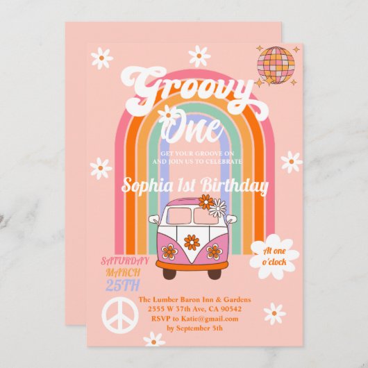 Invitation Daisy Rainbow Van Super Un 1er anniversaire (Devant / Derrière)