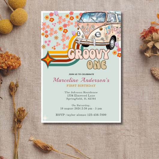 Invitation Daisy & Retro Van Floral Super Un 1er anniversaire
