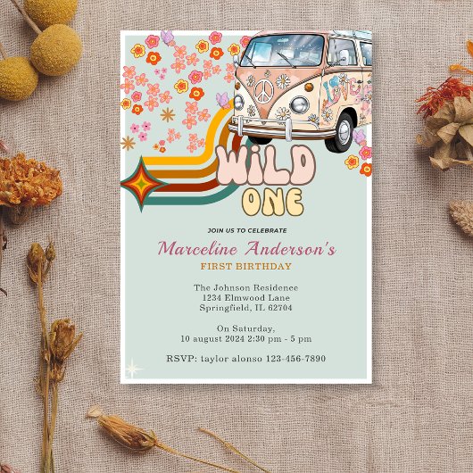 Invitation Daisy & Retro Van Floral Wild Un 1er anniversaire