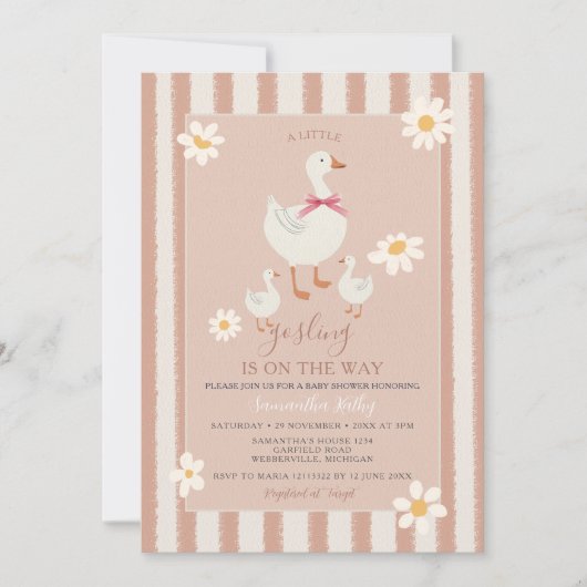 Invitation Daisy rose rayé mignon petit Baby shower Gosling (Devant)