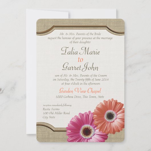 Invitation Daisy Rustic Burlap Coral et rose (Devant)