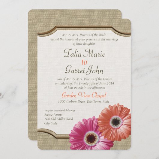 Invitation Daisy Rustic Burlap Coral et rose (Devant / Derrière)