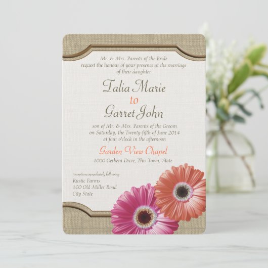 Invitation Daisy Rustic Burlap Coral et rose (Debout devant)