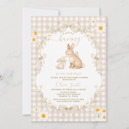 Invitation Daisy Spring Neutral Gingham Bunny Baby Shower (Devant)