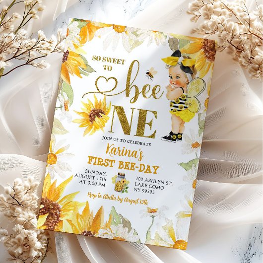 Invitation Daisy Sunflower Blonde Girl First Bee Day Annivers